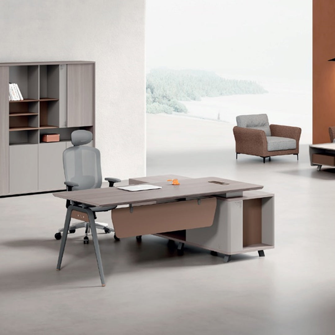 Premium Matt White Executive Office Table with Attached Side Table and Storage-GCC Home Center