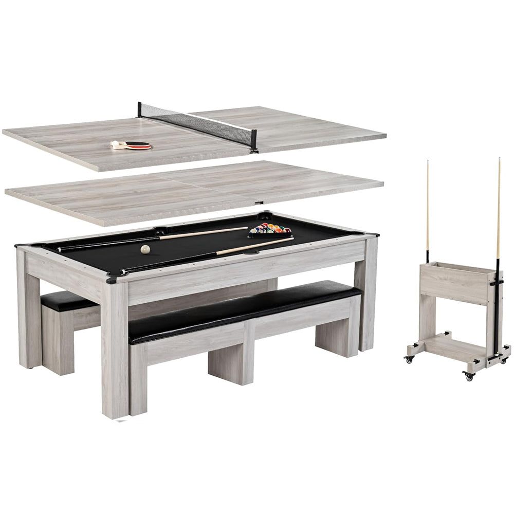 7FT Drop Pocket Pool Table, 3-in-1 Dining Top & Table Tennis with Game Accessories