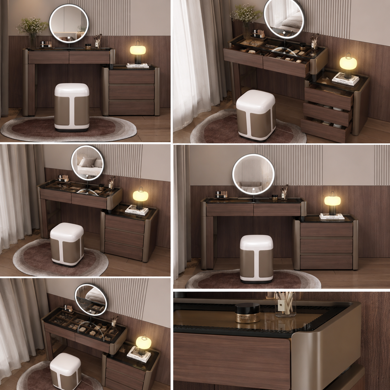 Modern Brown Vanity Dressing Table Set with LED Mirror, Tempered Glass Top, Storage Drawers & Cushioned Stool