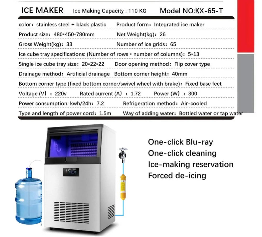 Integrated Ice Maker Machine, 100-110KGS/24H Stainless Steel Under Counter ice Machine with 15KGS Ice Storage Capacity, Freestanding Ice Maker