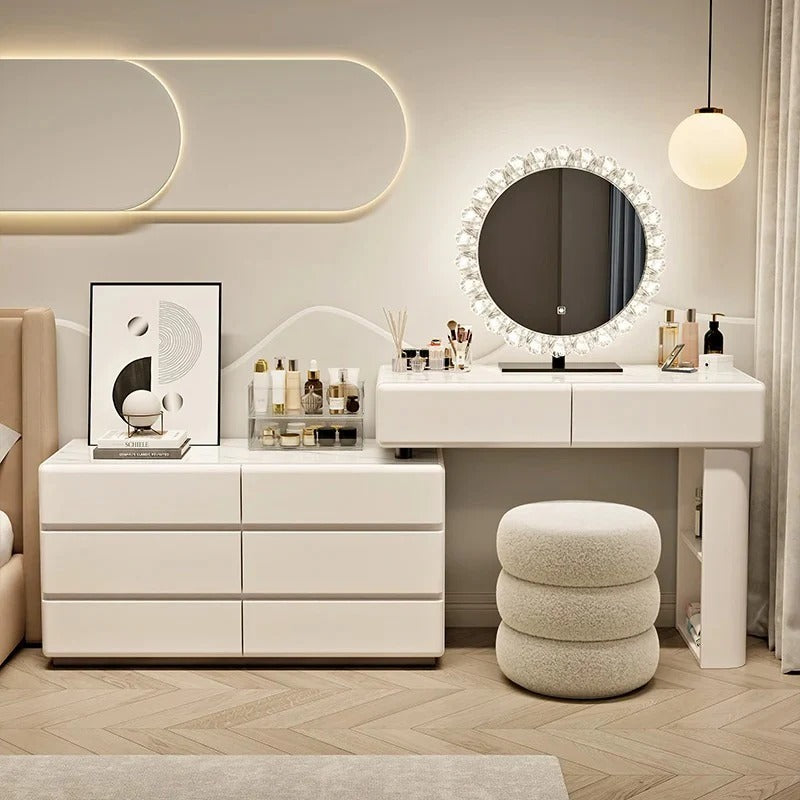 Luxury White Dressing Table Set with LED Round Mirror, Storage Drawers & Stool | Modern Vanity Table with Slate Marble Top