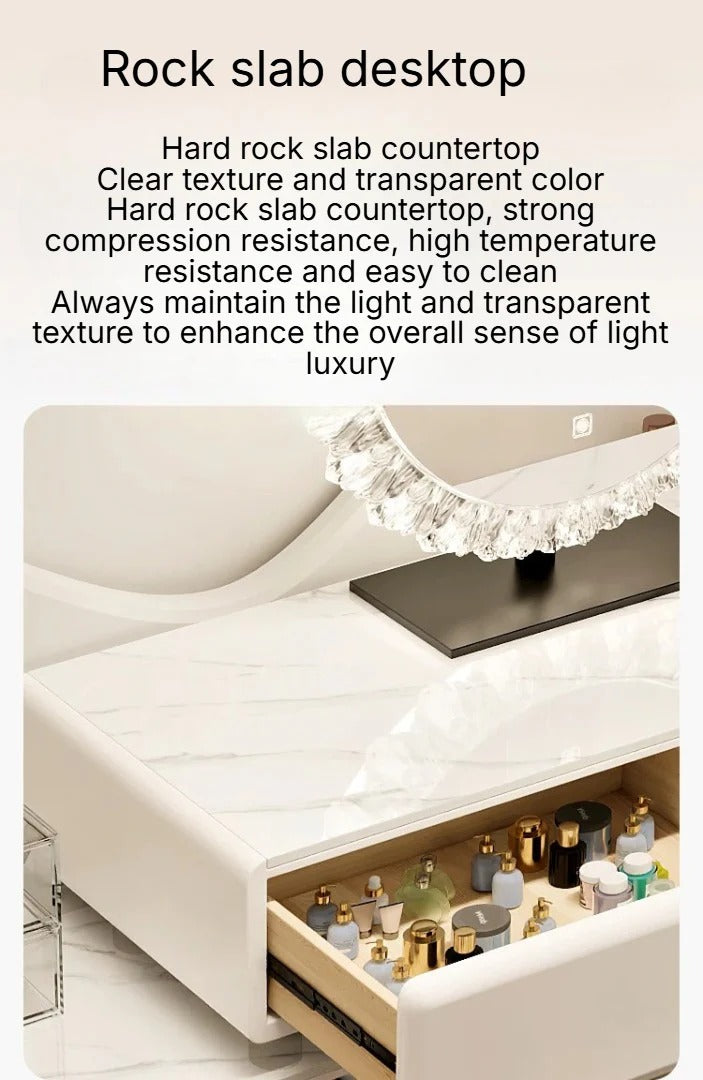 Luxury White Dressing Table Set with LED Round Mirror, Storage Drawers & Stool | Modern Vanity Table with Slate Marble Top