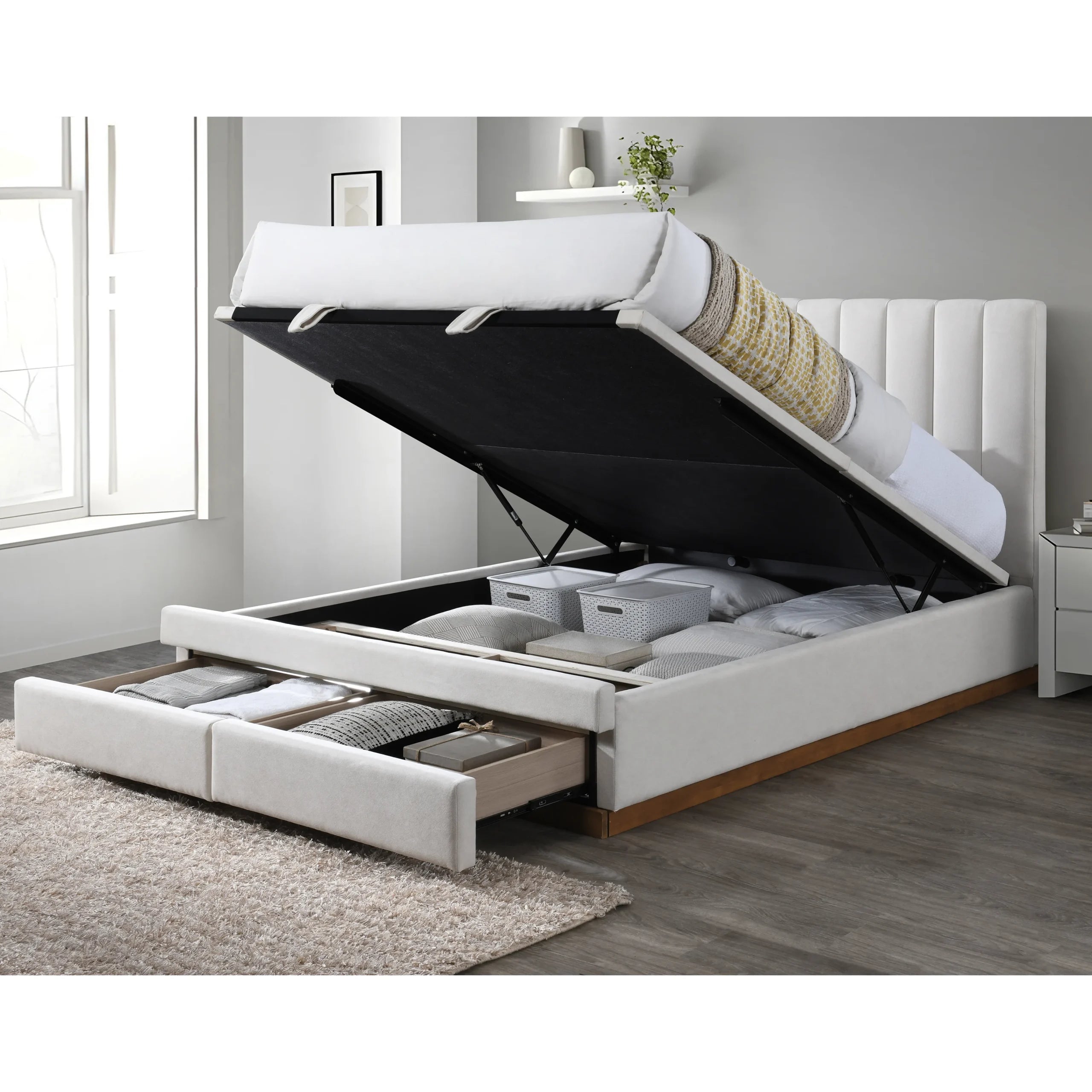 King Bed With 2 Drawers and Hydraulic Storage – Cream