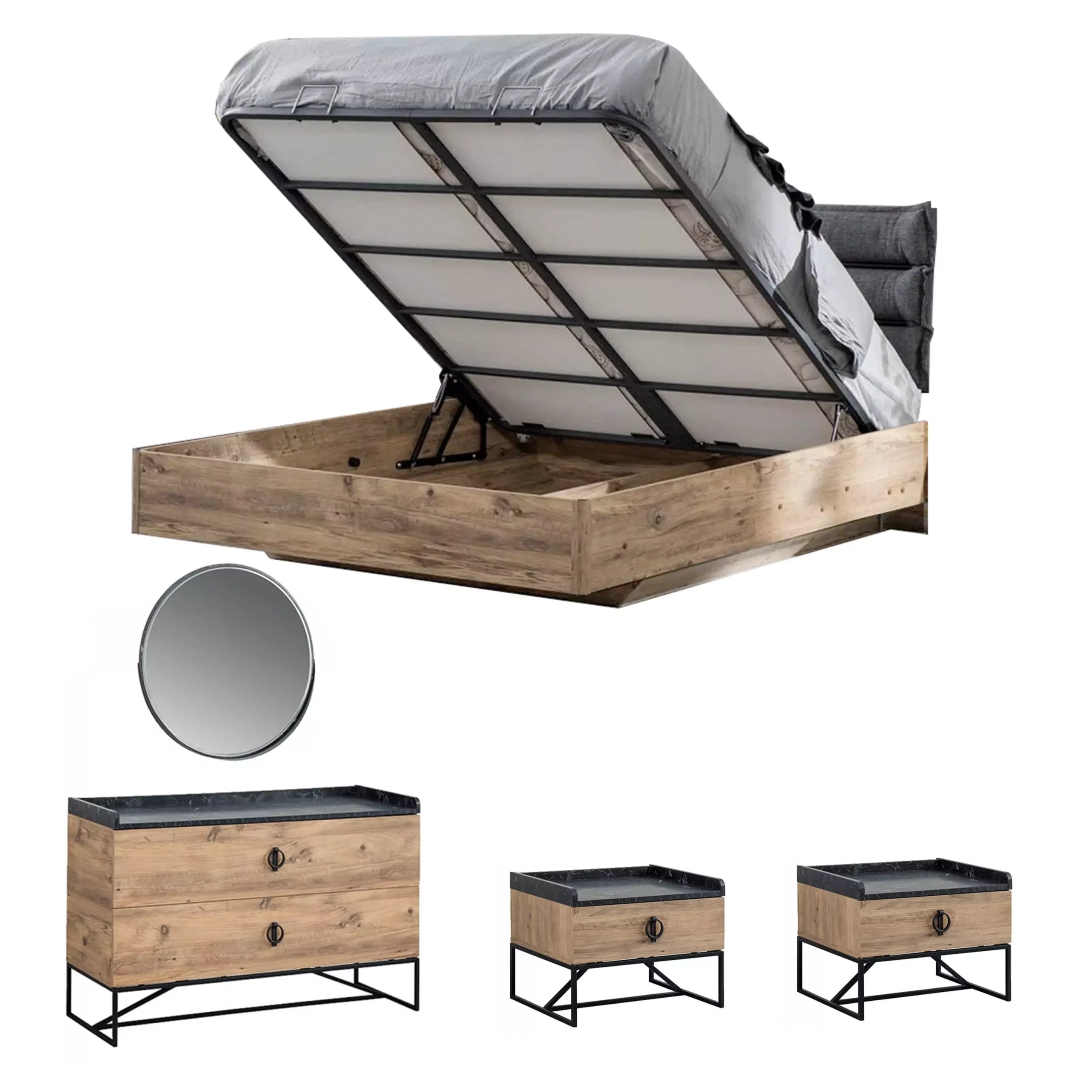 5 Pcs Queen Bedroom Set (With Hydraulic Storage) – Brown