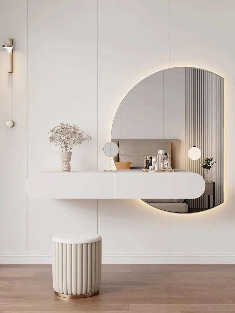 Modern Wall-Mounted Dressing Table with LED Round Mirror & Stool | White Floating Vanity Table with Storage Drawers