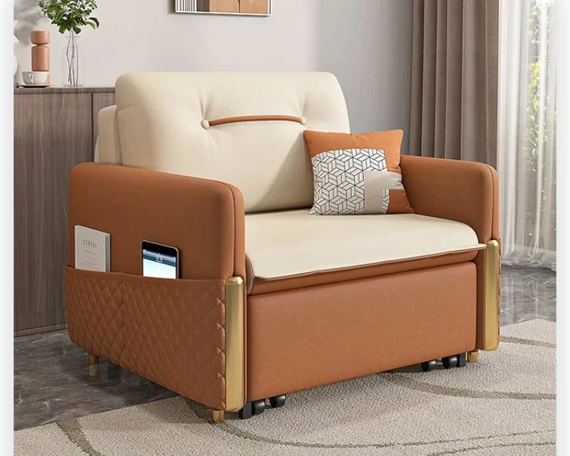Nordic Single Sofa Bed with Storage Box & Pull-Out Sleeper – Modern Upholstered Convertible Sofa Chair for Small Spaces