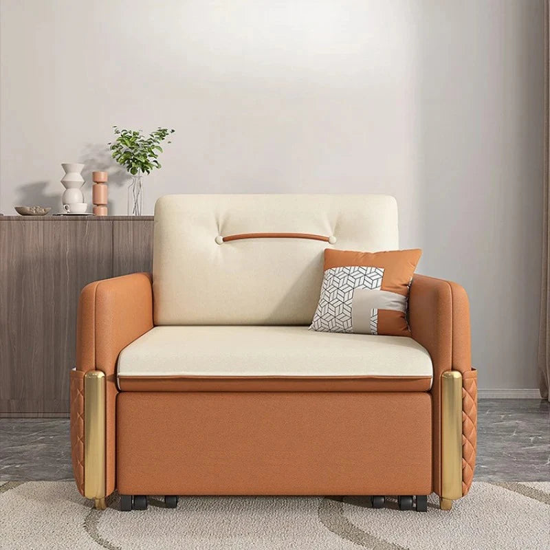 Nordic Single Sofa Bed with Storage Box & Pull-Out Sleeper – Modern Upholstered Convertible Sofa Chair for Small Spaces