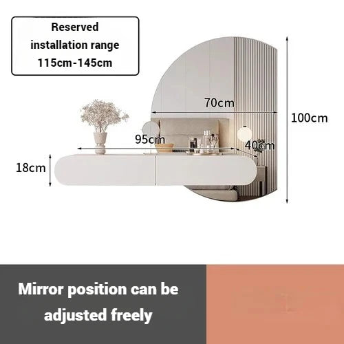 Modern Wall-Mounted Dressing Table with LED Round Mirror & Stool | White Floating Vanity Table with Storage Drawers