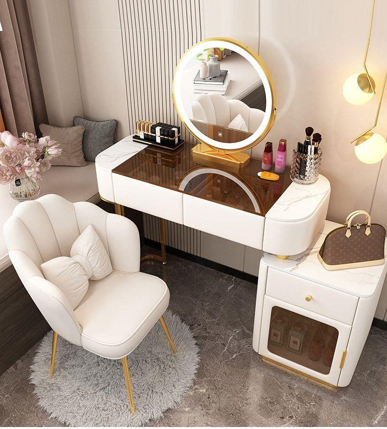 Modern Glass Dressing Table with Round Smart Mirror, 3-Tone LED Lighting, and Comfort Chair - Grey/White-GCC Home Center