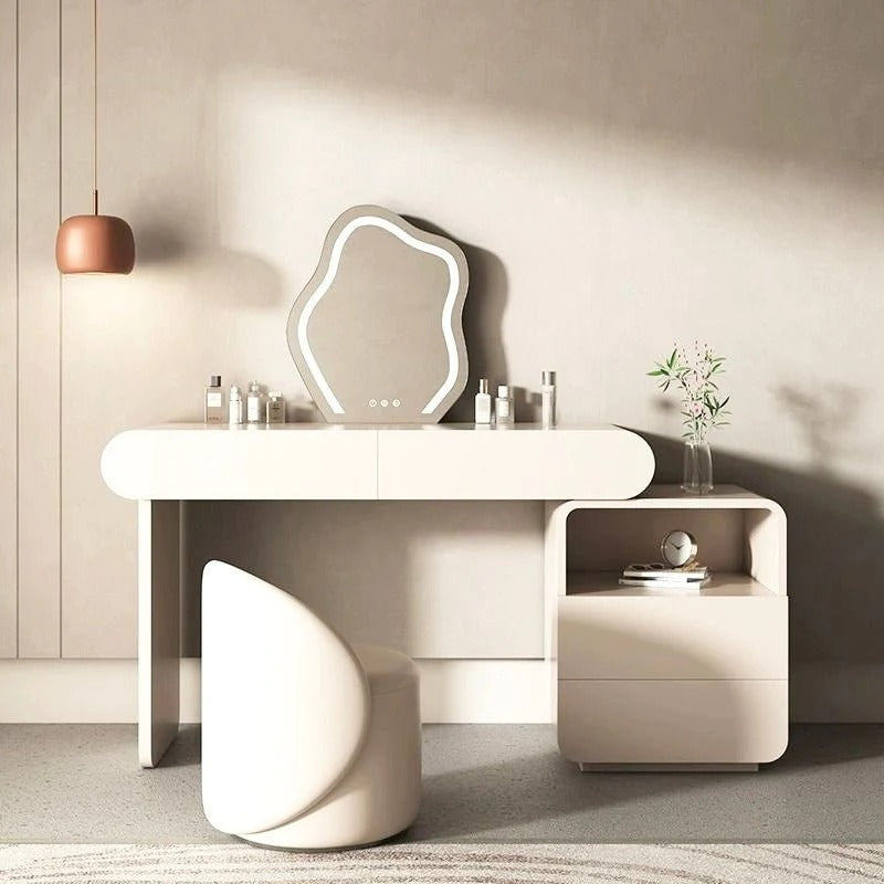Modern Dressing Table in Rounded Edges Design, White Vanity Table with Mirror.-GCC Home Center