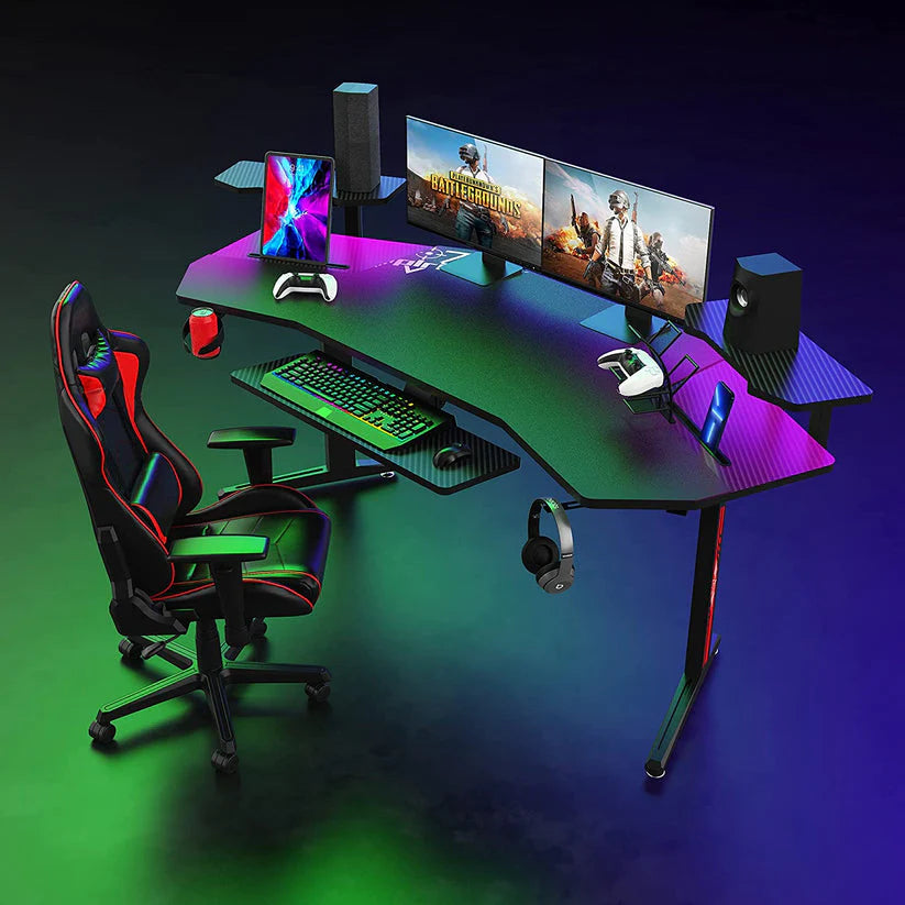 Gaming Desk Table With light, Computer Desk, Cup Holder and Headphone Hook Gamer Workstation Game Table-GCC Home Center