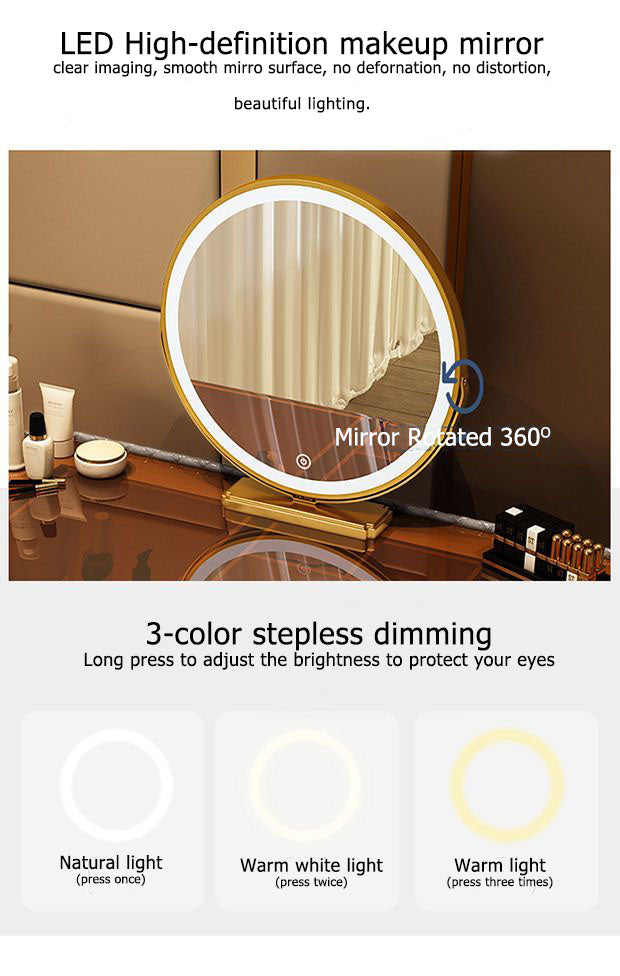 Modern Glass Dressing Table with Round Smart Mirror, 3-Tone LED Lighting, and Comfort Chair - Grey/White-GCC Home Center