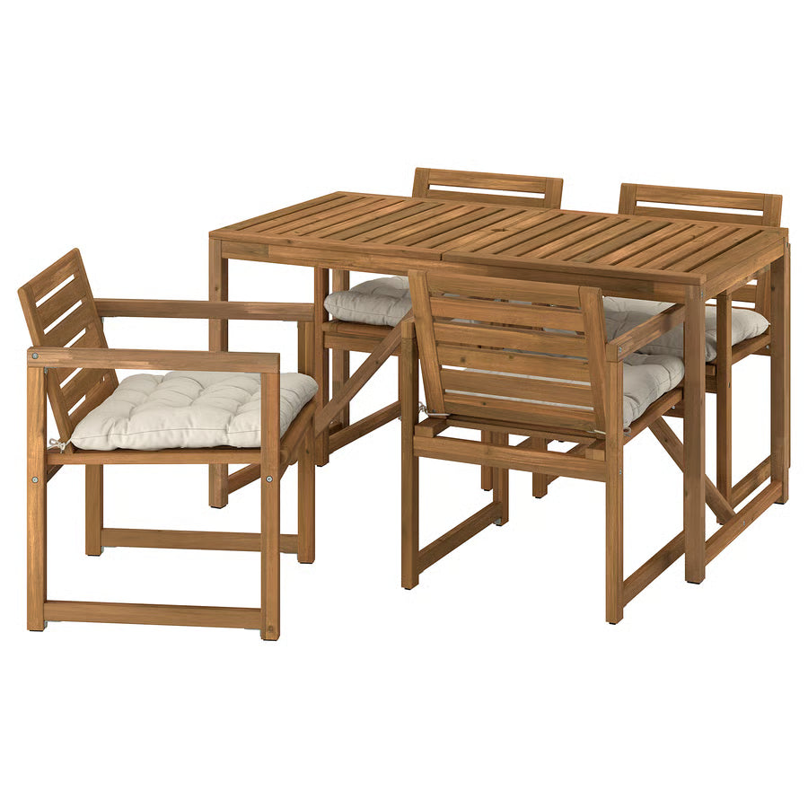 Outdoor Dining Table + 4 Chairs with Armrests, Outdoor (Light Brown Stained / Light Grey-Beige, 140×75 cm)