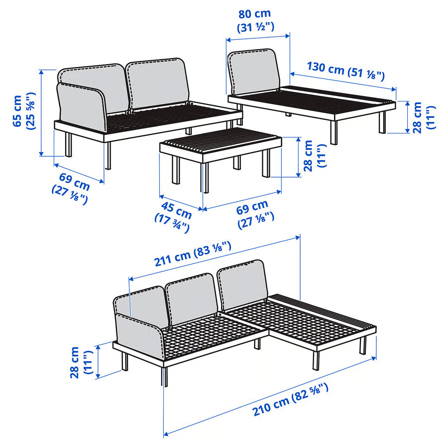 3-Seat Outdoor Conversation Set, 2-Seat Sofa, Coffee Table And Chaise Longue With Side Table