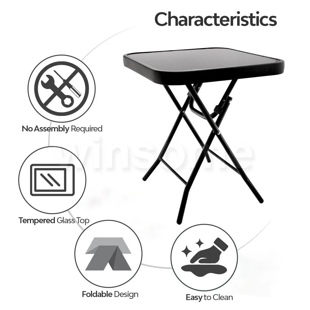 Folding Drinks Side Table, Outdoor Garden Table, Small Square Patio Table - Black with Tempered Glass Top-GCC Home Center