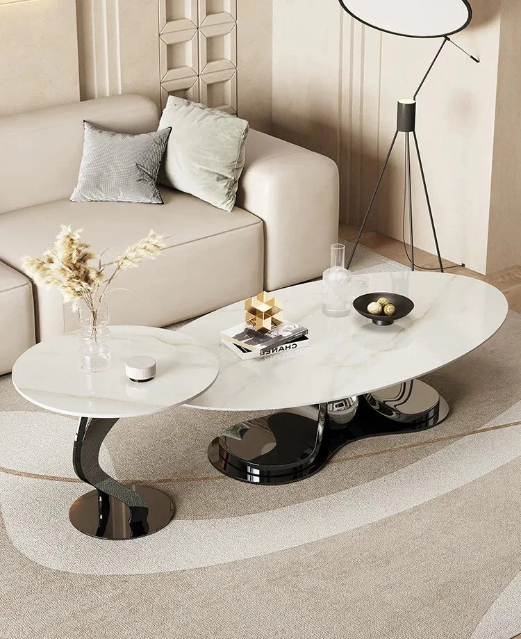 Luxury Gold Stainless Steel Coffee Table Set of 2 with Slate Marble Top – Modern Nesting Center Tables for Living Room & Office