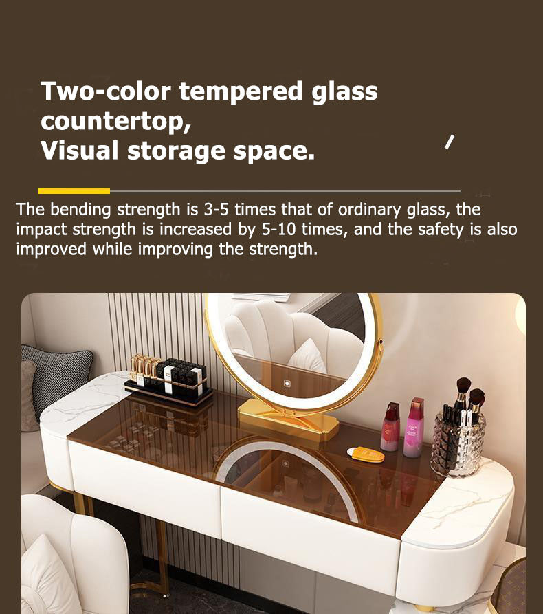 Modern Glass Dressing Table with Round Smart Mirror, 3-Tone LED Lighting, and Comfort Chair - Grey/White-GCC Home Center