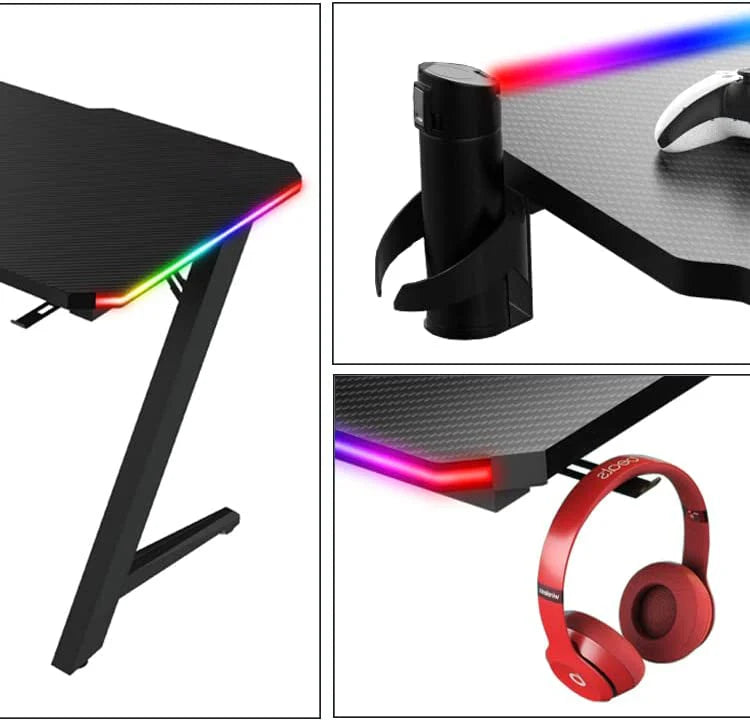 Gaming Desk Table With light, Computer Desk, Cup Holder and Headphone Hook Gamer Workstation Game Table-GCC Home Center