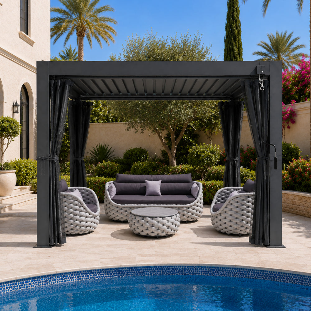 3x2.7M Aluminum Louver Pergola with Manual Adjustable Roof, Curtains & Mosquito Net – Dark Grey Outdoor Garden Gazebo