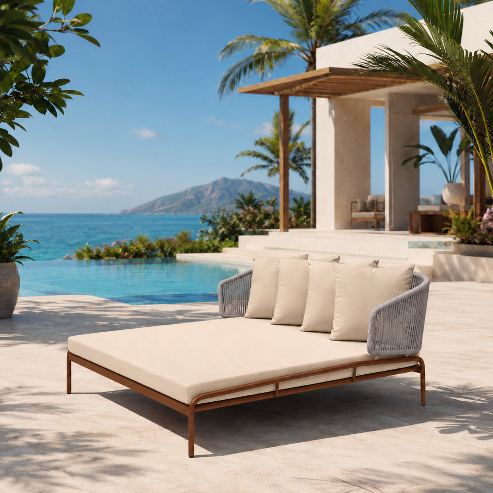 Luxury Double Outdoor Daybed with Aluminum Wood-Finish Frame & Off-White Cushions | Modern Patio Sunbed