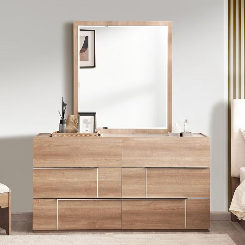 Elegant Dresser with 6 Drawers and Mirror – Beige