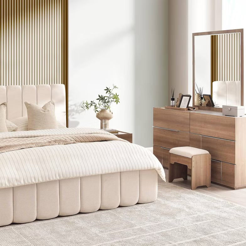 Elegant Dresser with 6 Drawers and Mirror – Beige