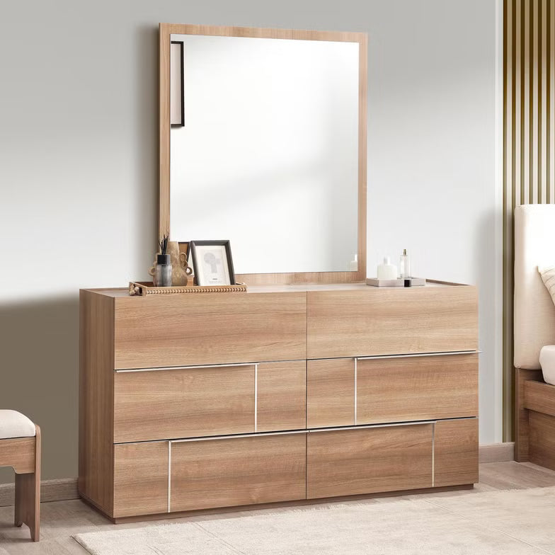Elegant Dresser with 6 Drawers and Mirror – Beige