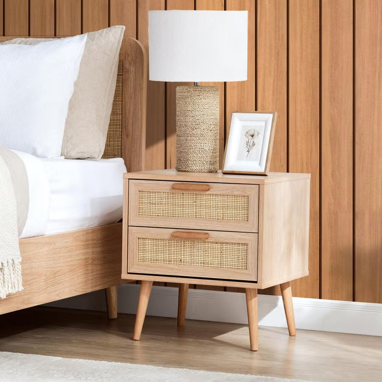 Oaktree Nightstand – 2 Drawer Rattan (Natural Finish)