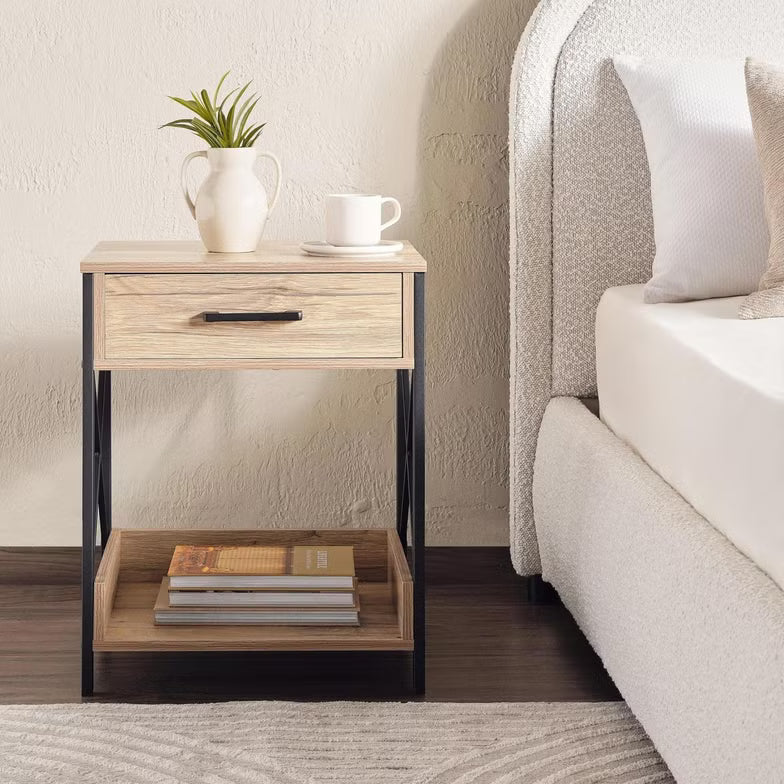 1 Drawer Night Stand – Natural & Black (Melamine Finish)