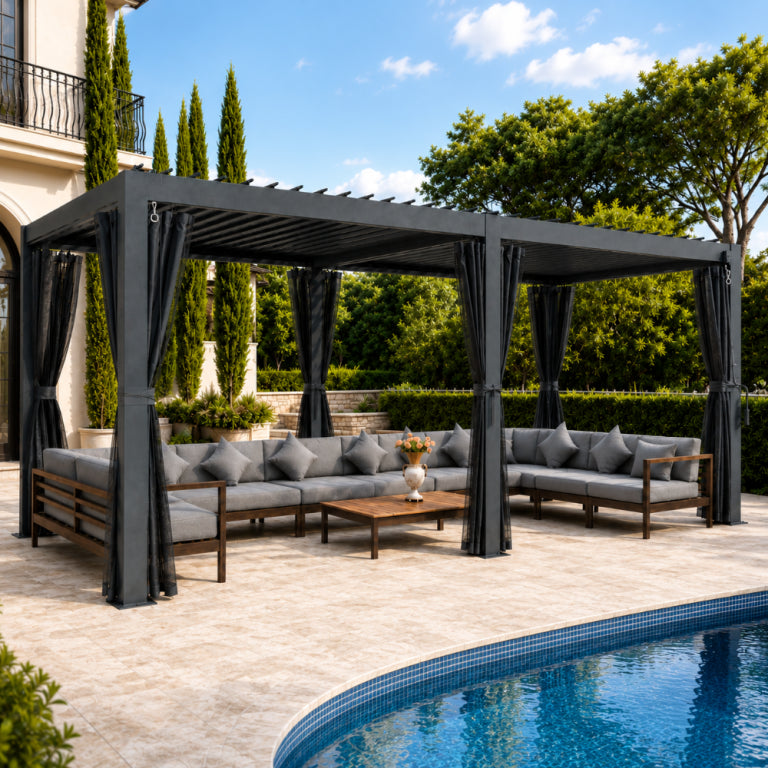 3x6M Aluminum Louver Pergola with Manual Adjustable Roof, Curtains & Mosquito Net – Dark Grey Outdoor Garden Patio Gazebo