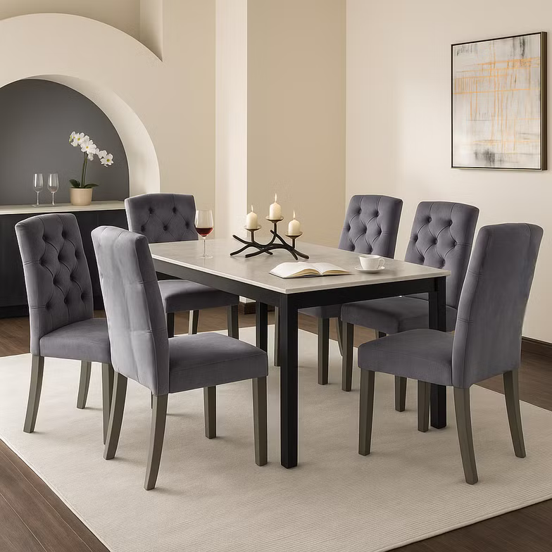 1+6 Seater Marble Dining Set with Elke Chairs – White (Marble Top)