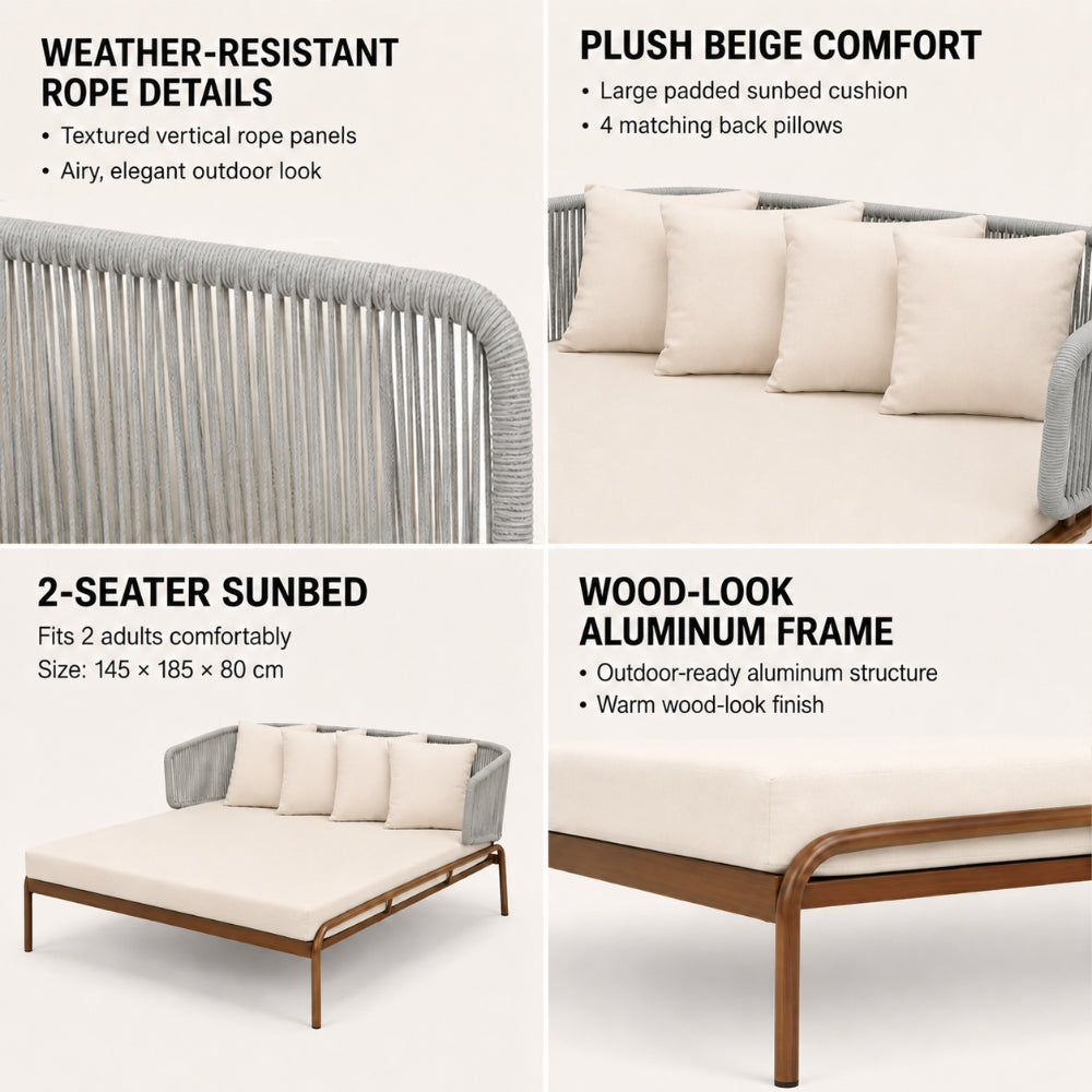 Luxury Double Outdoor Daybed with Aluminum Wood-Finish Frame & Off-White Cushions | Modern Patio Sunbed