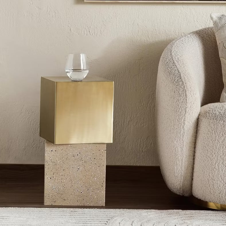 Modern Metal Accent Table Square – Gold & Beige