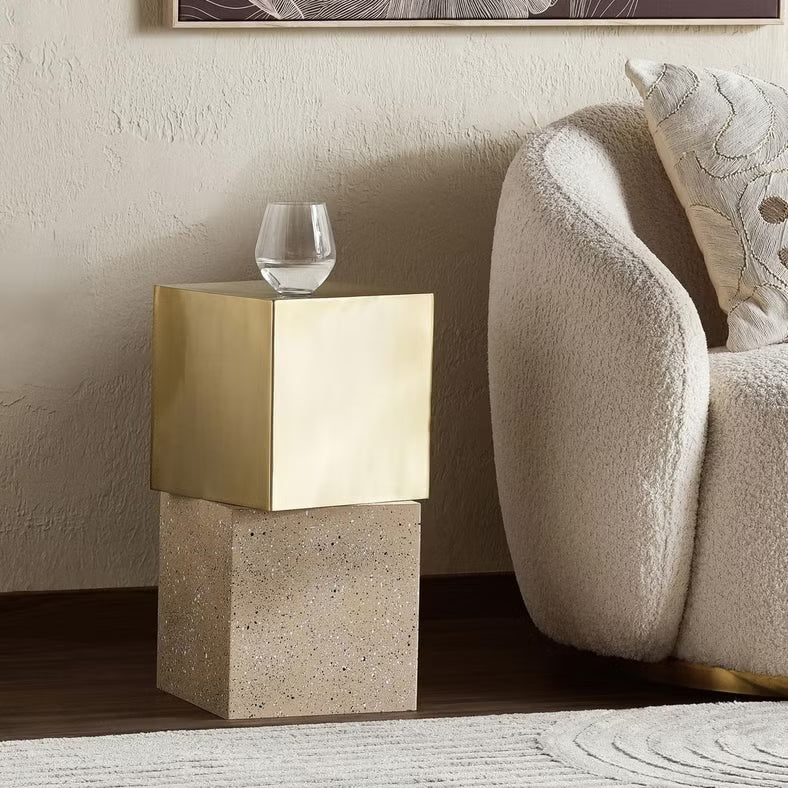 Modern Metal Accent Table Square – Gold & Beige