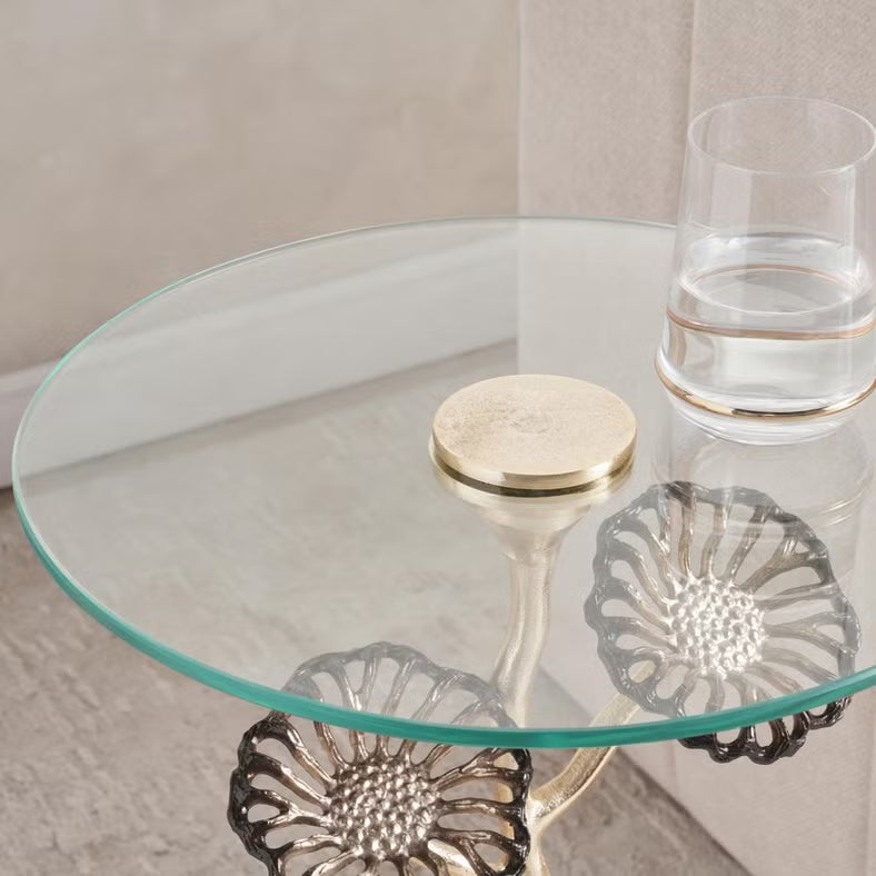 Modern Round Side Table – Clear Glass Top with Gold Metal Frame