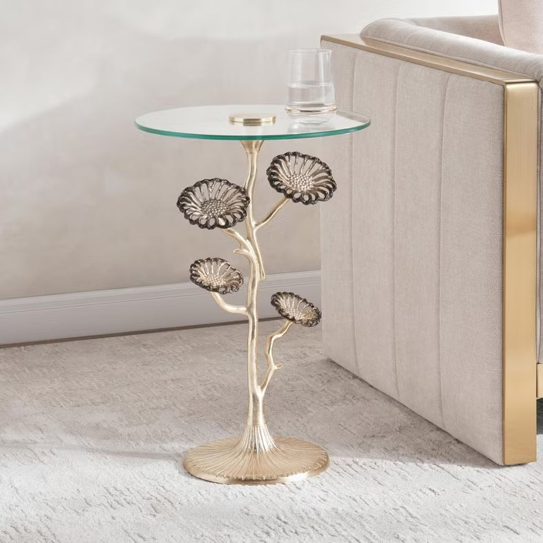Modern Round Side Table – Clear Glass Top with Gold Metal Frame