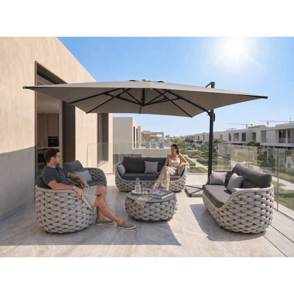 3x4m Aluminum Cantilever Outdoor Umbrella with 360° Rotating Canopy, Solar LED Lights & Marble Base – Khaki Garden Patio Parasol