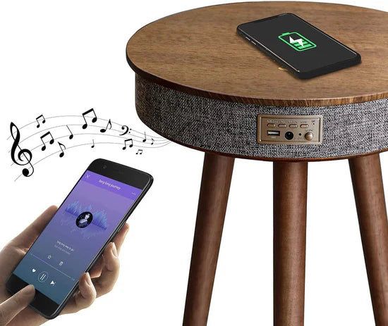 Modern Smart Side Table with 360° Bluetooth Speaker & Wireless Charging | Wooden Round End Table for Living Room, Bedroom & Office