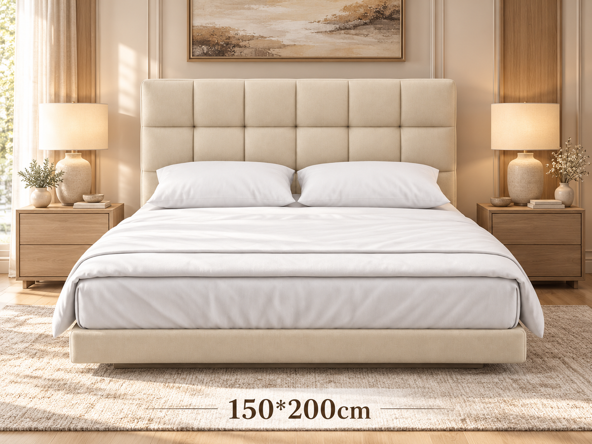 AP-40 Modern Luxury Upholstered Bed with Genuine Leather Square Tufted Headboard, PU Leather Frame & Wooden Structure | 150×200cm / 180×200cm – Beige