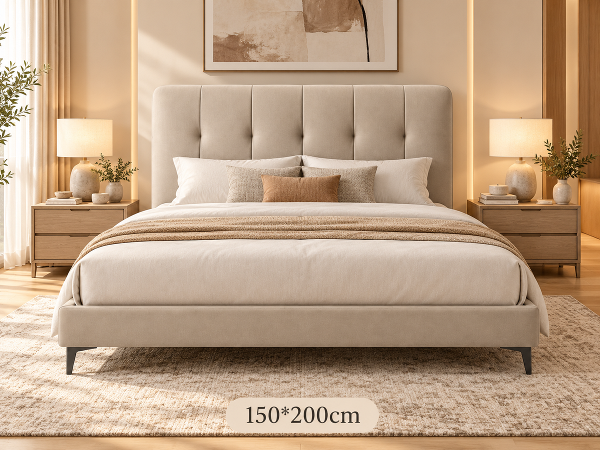 Modern Luxury Upholstered Bed with Genuine Leather Vertical Tufted Headboard, PU Leather Frame & Wooden Structure | 150×200cm / 180×200cm – AP-39