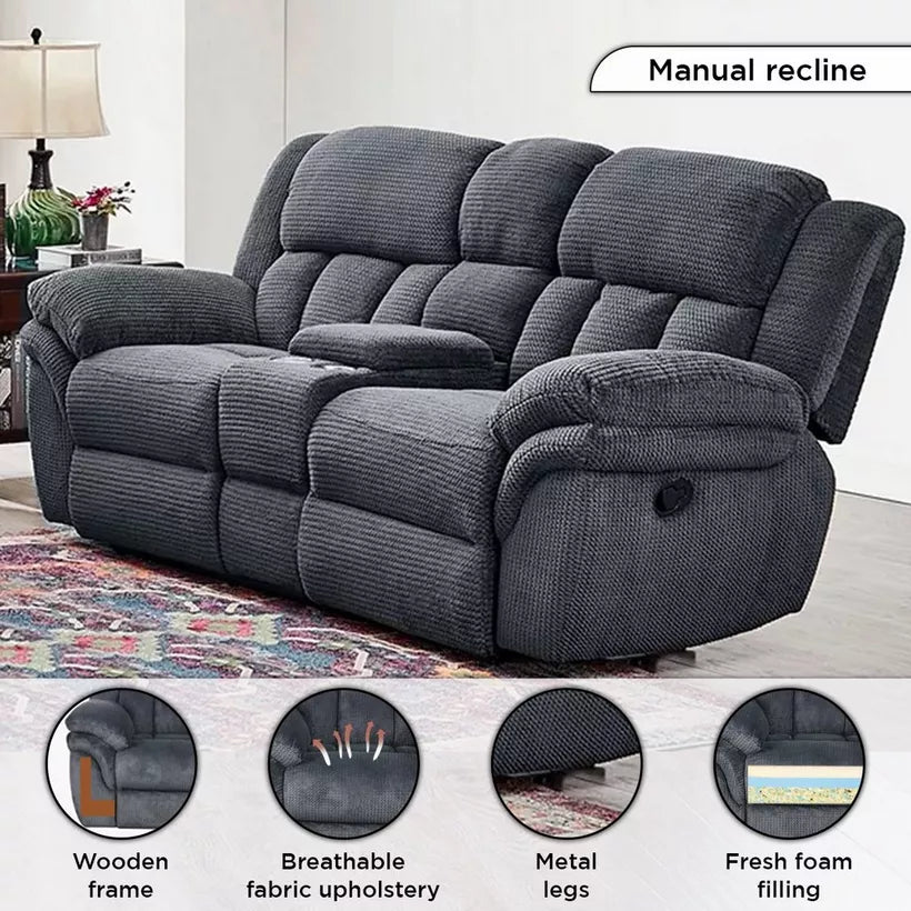 2-Seater Fabric Recliner with Console and 2 Cup Holders