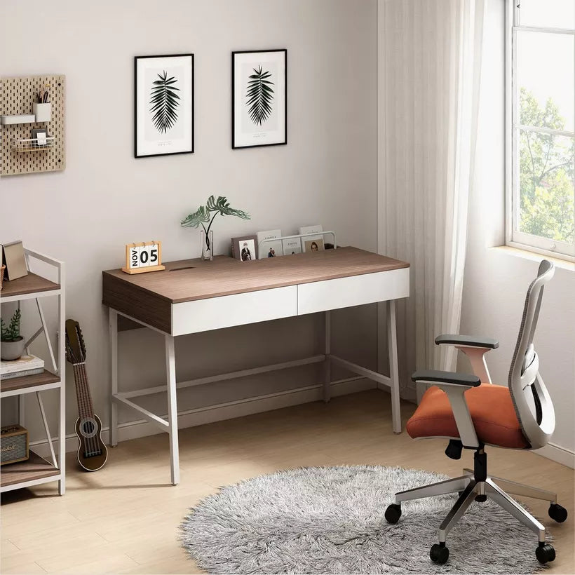 Modern Study Desk with 2 Drawers & Socket Tray – Melamine Finish