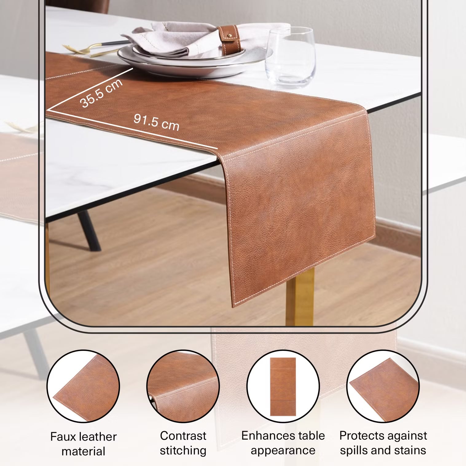 Faux Leather Table Runner 35.5x91.5 cm – Brown