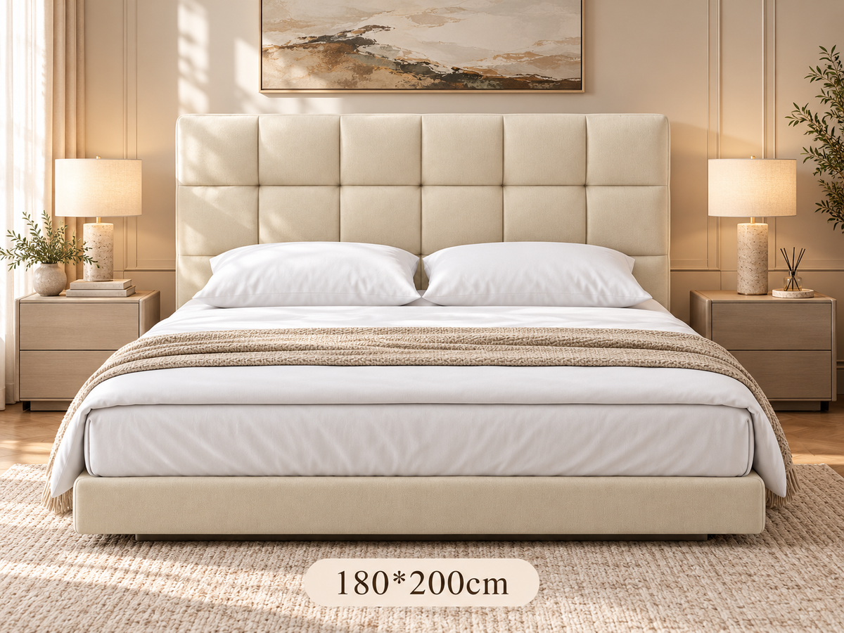 AP-40 Modern Luxury Upholstered Bed with Genuine Leather Square Tufted Headboard, PU Leather Frame & Wooden Structure | 150×200cm / 180×200cm – Beige