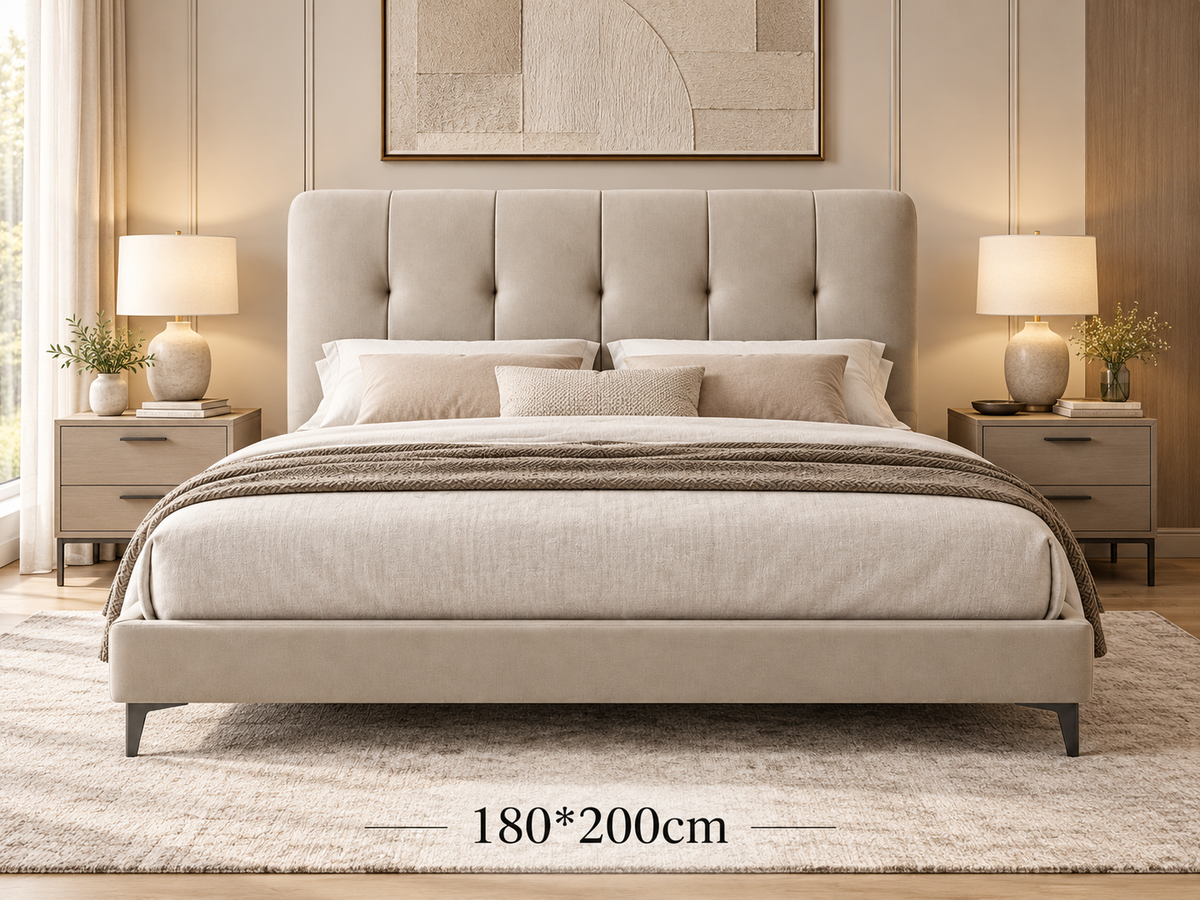 Modern Luxury Upholstered Bed with Genuine Leather Vertical Tufted Headboard, PU Leather Frame & Wooden Structure | 150×200cm / 180×200cm – AP-39