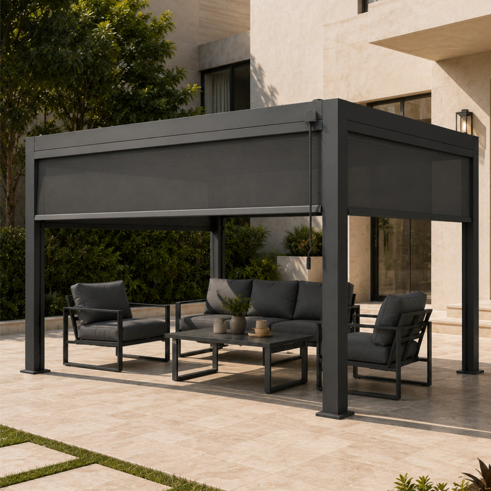 3x4M Manual Textilene Pergola with 4 Roller Blinds | Aluminum Outdoor Patio, Garden & Terrace Sun Shade