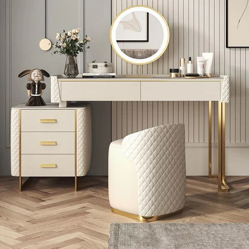 Modern White Vanity Table with LED Mirror and Marble Top-GCC Home Center