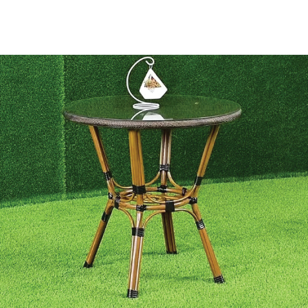 Rattan Outdoor Round Dining Table with Glass Top