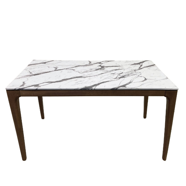 6-Seater Dining Table with White Textured Top – Solid Wood Legs