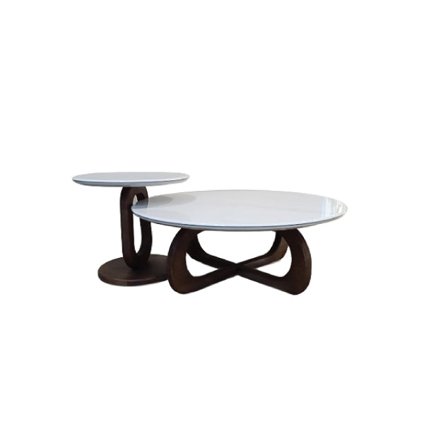 Modern Dual-Level Round Coffee Table Set – White Top & Dark Wood Base